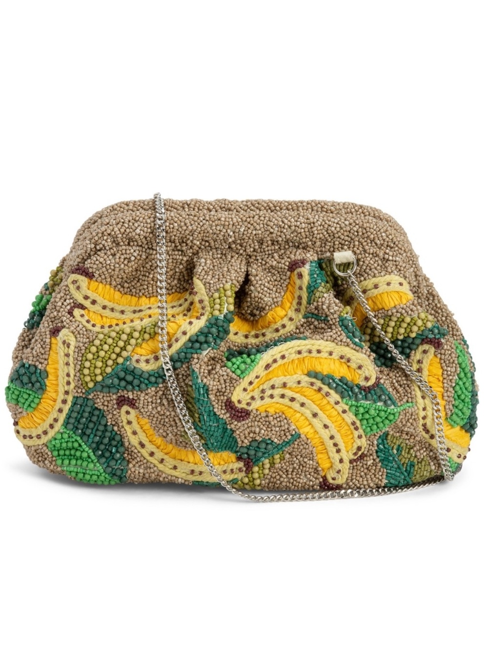 Hand Crafted Yellow Green Beaded Banana Motif Clutch